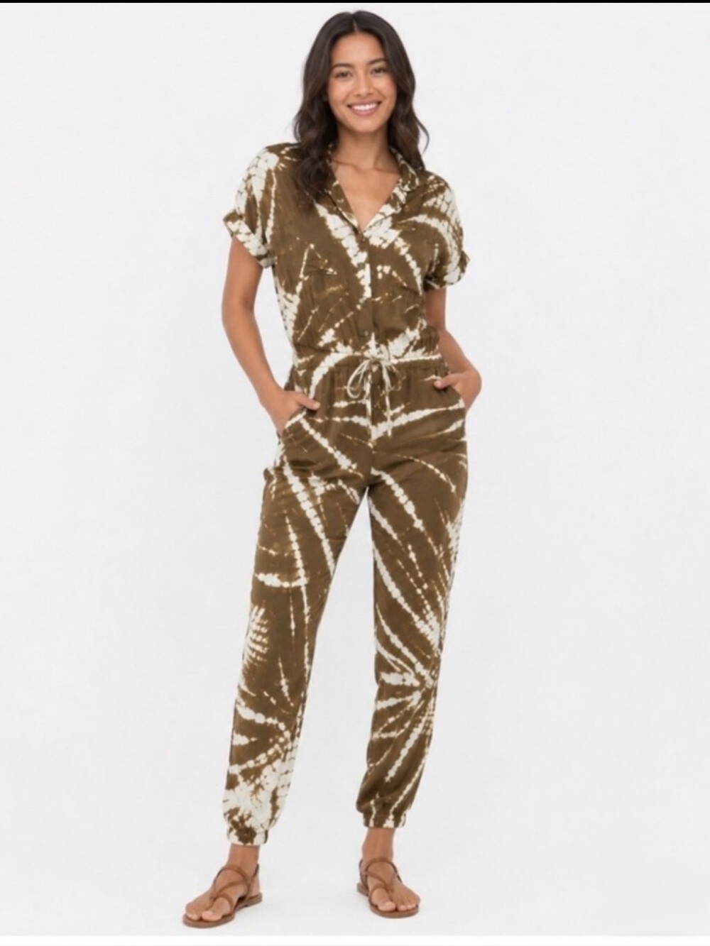 YFB Young Fabulous & Broke Truman L Jumpsuit Satin Short Sleeve Artichoke TieDye